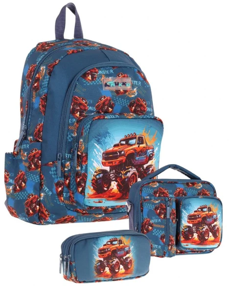 Kaukko Kids Erkek Çocuk Arazi Aracı Baskılı Üçlü Okul Çanta Seti(Okul Çantası+Beslenme Çantası+Kalemlik) ürün görseli 1