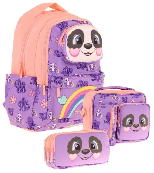 Kaukko Kids 3D Panda Şekilli Kız Çocuk Üçlü Okul Çantası Seti/Takımı - Mor Somon (L5233+L7233+L8233) ürün görseli 1