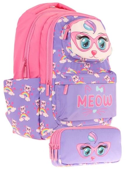 Kaukko Kids Toys Kız Çocuk Mor Pembe 3D Kedi Şekilli İlkokul Çantası ve Kalemlik Seti (L5236+L8236) ürün görseli 1