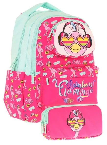 Kaukko Kids Toys Kız Çocuk Kırmızı Yeşil 3D Flamingo Şekilli İlkokul Çantası ve Kalemlik Seti (L5235+L8235) ürün görseli 1