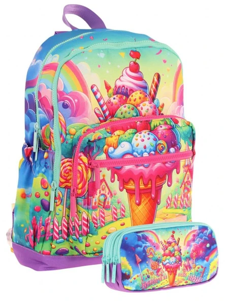 Kaukko Kids Layer Kız Çocuk Okul Çantası + Kalem Çantası Seti (Kırmızı Mavi - Dondurma) ürün görseli 1