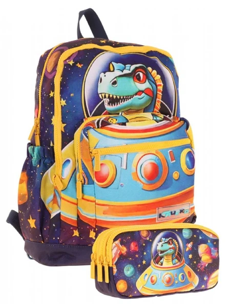 Kaukko Kids Layer Erkek Çocuk Okul Çantası + Kalem Çantası Seti (Mavi Sarı - Astronot Dinazor) ürün görseli 1