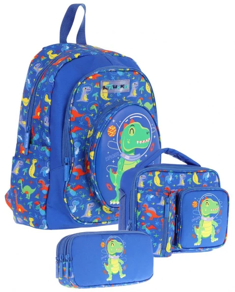 Kaukko Kids Kız Çocuklara Özel (Mavi Yeşil - 3D Dinazor Detaylı) Üçlü Okul Çantası Seti ürün görseli 1