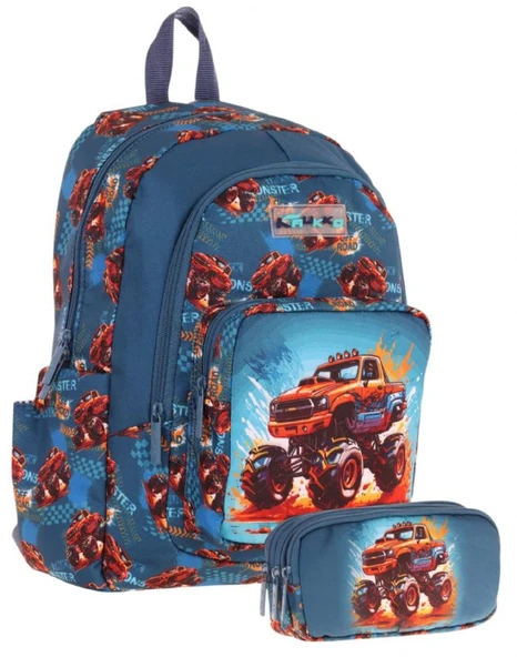 Kaukko Kids (L5282+L8282) Üç Gözlü Erkek Çocuk Okul Çantası ve Kalem Çantası Seti - Yeşil Kırmızı - Arazi Aracı Baskılı ürün görseli 1
