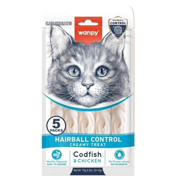 Wanpy Hairball Control Morina Balığı ve Tavuklu Krema Kedi Ödülü 5x14gr ürün görseli 1