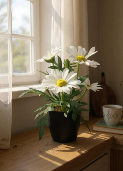 Yapay Çiçek Beyaz Margarit Papatya Siyah Saksıda Dekoratif Yapay Çiçek 30*25cm ürün görseli 1