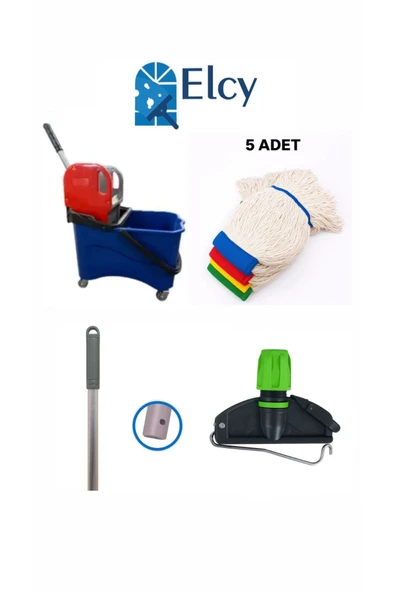 ELCY Tek Kovalı Plastik Temizlik Ve Paspas Arabası Temizlik Seti Plastik Pressli -5 Adet Islak Mop ürün görseli 1