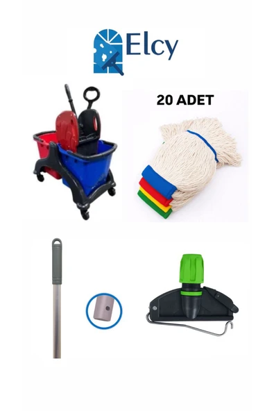 ELCY Çift Kovalı Plastik Temizlik Arabası Paspas Arabası Islak Mop Seti 20 ADET Islak Mop ürün görseli 1