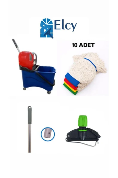 ELCY Tek Kovalı Plastik Temizlik Ve Paspas Arabası Temizlik Seti Plastik Pressli -10 Adet Islak Mop ürün görseli 1