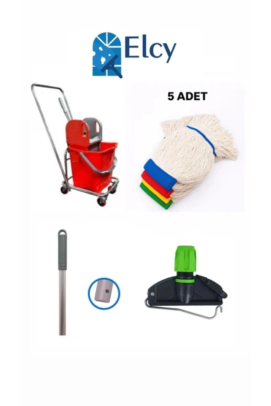ELCY Tek Kovalı Krom Paspas Arabası Ve Temizlik Arabası Temizlik Seti Plastik + Mop Seti 5 ADET ürün görseli 1