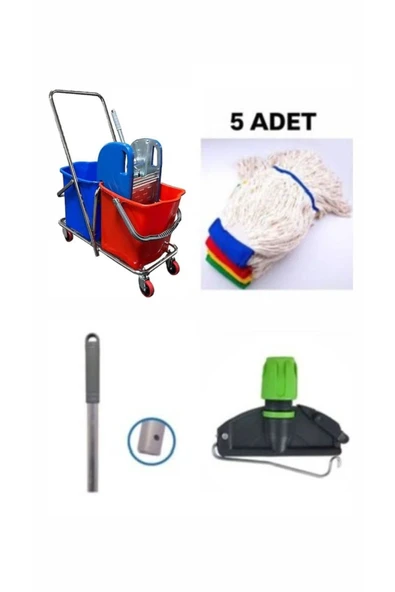 ELCY Çift Kovalı Krom Temizlik Arabası Paspas Arabası Sap Mop Aparat (Çelik Pressli) ürün görseli 1