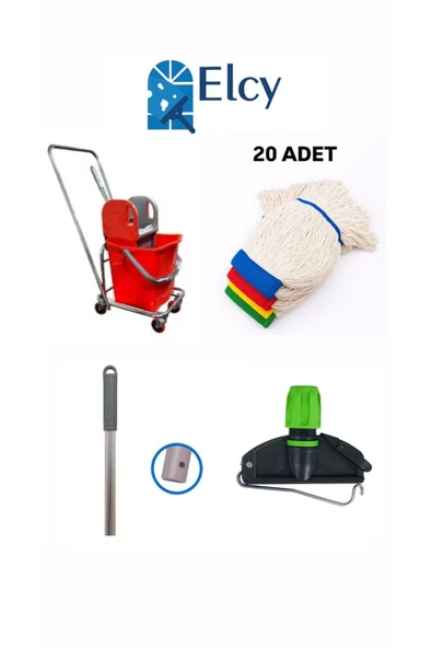 ELCY Tek Kovalı Krom Paspas Arabası Ve Temizlik Arabası Temizlik Seti Plastik + Mop Seti 20 ADET ürün görseli 1