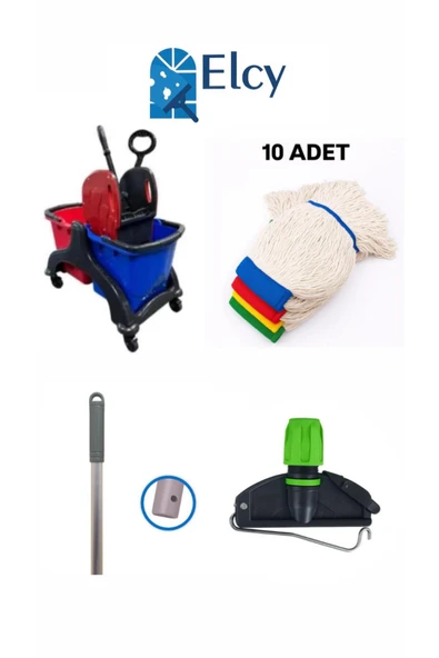ELCY Çift Kovalı Plastik Temizlik Arabası Paspas Arabası Islak Mop Seti 10 ADET Islak Mop ürün görseli 1