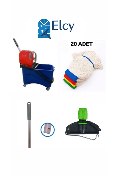 ELCY Tek Kovalı Plastik Temizlik Arabası Ve Paspas Arabası Temizlik Seti Plastik -20 Adet Islak Mop ürün görseli 1