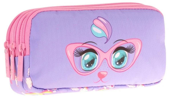 Kaukko Kids Üç Bölmeli Pembe Lila, Gözlüklü Kedi Baskılı, Kız Çocuk Okul Kalemliği - L8236 ürün görseli 1