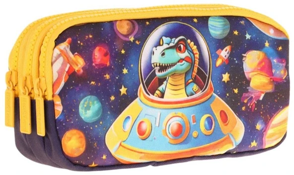 Kaukko Kids Sarı Siyah, Astronot Dinazor, Erkek Çocuk Üç Bölmeli Kalemlik/Kalem Çantası - L8273 ürün görseli 1