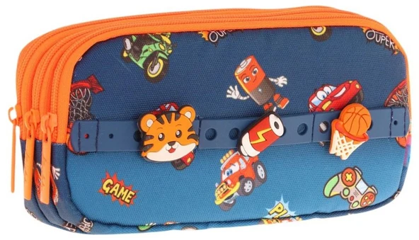 Kaukko Kids Lacivert Turuncu, Arabalar, Erkek Çocuk Üç Bölmeli Okul Kalem Çantası - L8259 ürün görseli 1