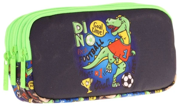Kaukko Kids Yeşil Siyah, Dinazor Baskılı, Erkek Çocuk Üç Bölmeli Okul Kalem Çantası - L8266 ürün görseli 1