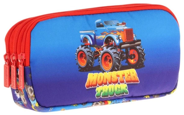Kaukko Kids Kırmızı Mavi, Monster Truck, Erkek Çocuk Üç Bölmeli Okul Kalem Çantası - L8257 ürün görseli 1