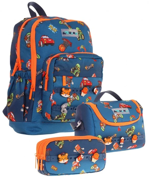Kaukko Kids Üçlü İlkokul 1.2.3.4. Sınıf Okul Çanta Seti - Lacivert Turuncu - Erkek Çocuk - Silikon Aksesuarlı ürün görseli 1
