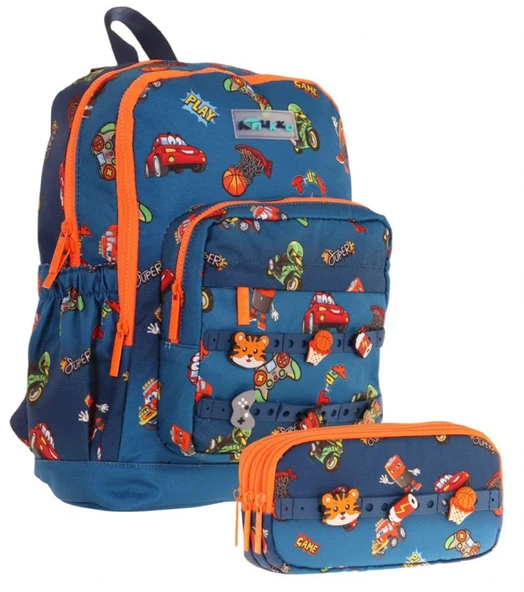 Kaukko Kids Erkek Çocuk Lacivert Turuncu Okul Çantası ve Üç Bölmeli Kalemlik Seti - Silikon Aksesuarlı ürün görseli 1
