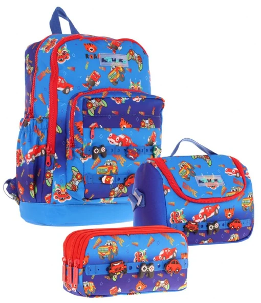 Kaukko Kids Üçlü İlkokul 1.2.3.4. Sınıf Okul Çanta Seti - Mavi Kırmızı - Erkek Çocuk - Silikon Aksesuarlı ürün görseli 1