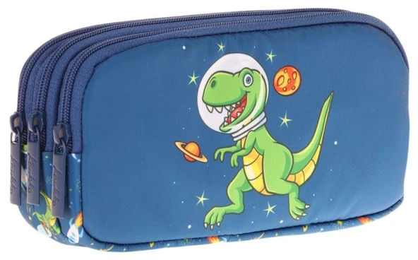 Kaukko Kids Lacivert Yeşil, Sevimli Dinazor, Erkek Çocuk Üç Gözlü Okul Kalem Çantası - L8252 ürün görseli 1