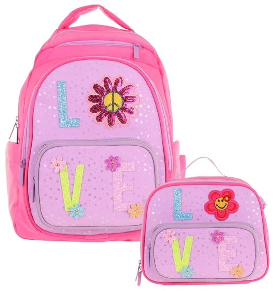 Kaukko Kids Dört Bölmeli Okul Çantası ve Beslenme Çantası Seti - Simli Love Desenli - Kız Çocuk (L5211+L7211) ürün görseli 1