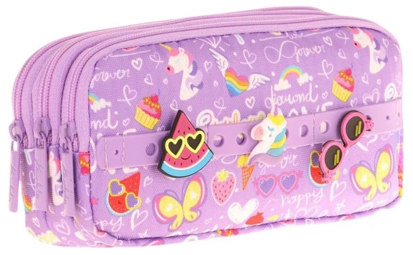 Kaukko Kids Mor, Yaz Temalı, Kız Çocuk Üç Gözlü Okul Kalem Çantası - L8245 ürün görseli 1