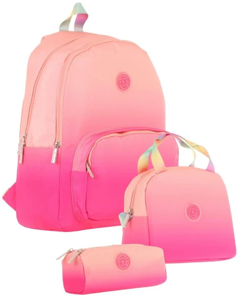Kaukko Rainbow Somon Pembe Renk Geçişli Kız Çocuk Üçlü İlkokul ve Ortaokul Çanta Seti ürün görseli 1