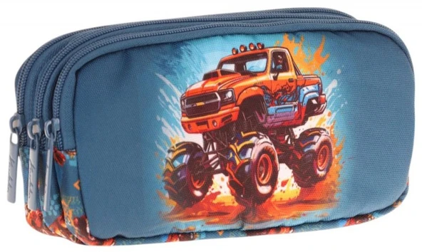 Kaukko Kids Yeşil Kırmızı, Arazi Aracı, Erkek Çocuk Üç Bölmeli Kalemlik/Kalem Çantası - L8282 ürün görseli 1
