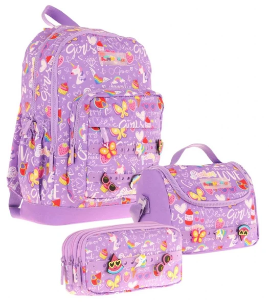 Kaukko Kids Üçlü İlkokul 1.2.3.4. Sınıf Okul Çanta Seti - Mor - Kız Çocuk - Silikon Aksesuarlı ürün görseli 1