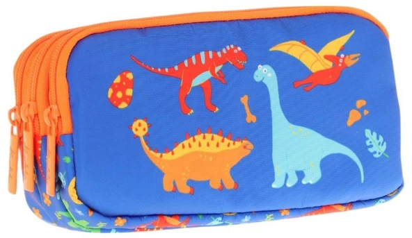 Kaukko Kids Turuncu Mavi, Dinazorlar Temalı, Erkek Çocuk Üç Bölmeli Kalemlik/Kalem Çantası - L8278 ürün görseli 1