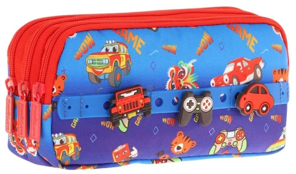 Kaukko Kids Mavi Kırmızı, Arabalar, Erkek Çocuk Üç Bölmeli Okul Kalem Çantası - L8258 ürün görseli 1
