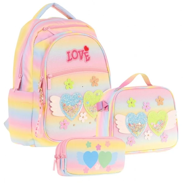 Kaukko Kids Kız Çocuk Simli Kalp ve Çiçek Detaylı İlkokul 1.2.3.4. Sınıf Üçlü Okul Çanta Seti ürün görseli 1