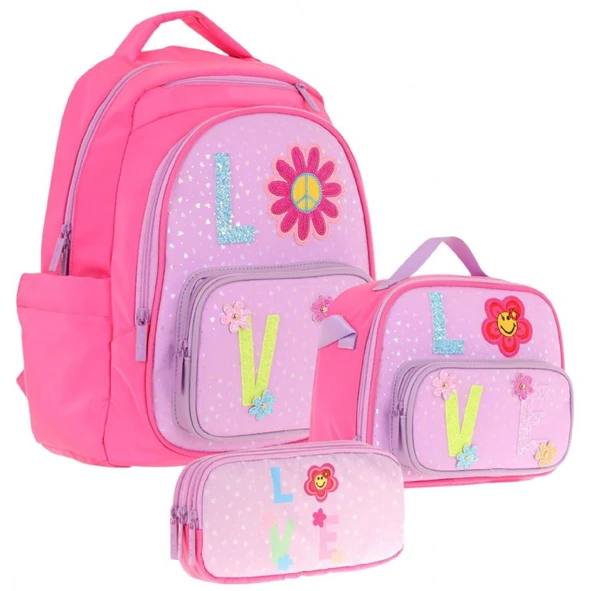 Kaukko Kids Kız Çocuk Simli Love Desenli İlkokul 1.2.3.4. Sınıf Üçlü Okul Çanta Seti ürün görseli 1