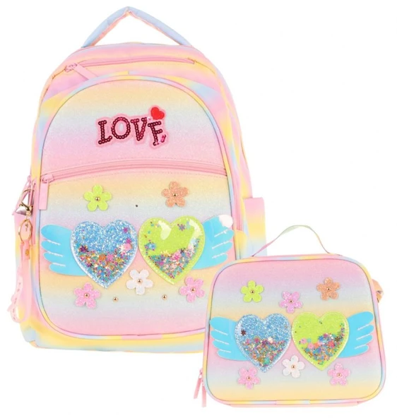 Kaukko Kids Dört Bölmeli Okul Çantası ve Beslenme Çantası Seti - Simli Kalp ve Çiçek Detaylı - Kız Çocuk (L5213+L7213) ürün görseli 1