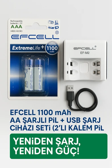 1100 mAh AA Şarjlı Pil +Pil Şarj Cihazı (2’li Kalın Pil Hediyeli ) ürün görseli 1