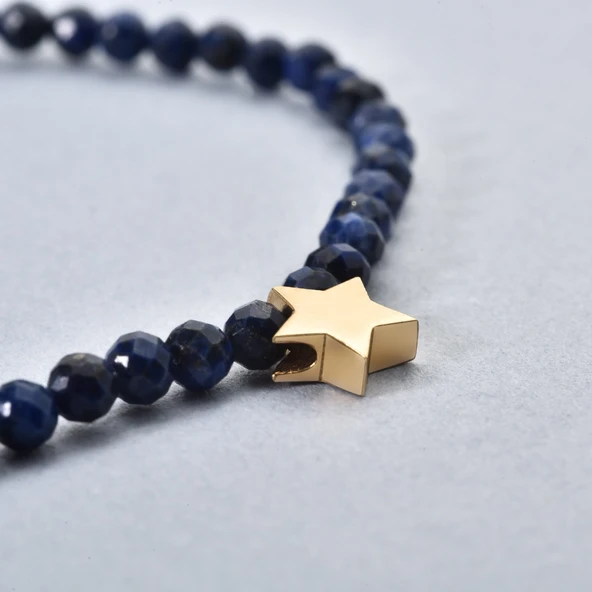 14 Ayar Altın Kaplama  Lapis Lazuli Doğal Taşlı Yıldız Gümüş Bileklik - BGS00107 ürün görseli 1