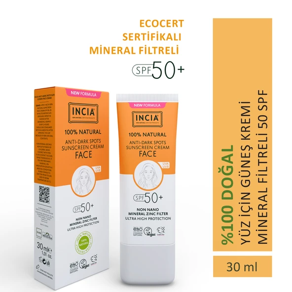 %100 Doğal Yüz Güneş Kremi Leke Karşıtı Aydınlık Görünüm Mineral Filtre Uva1 Uva2 Uvb Spf 50+ 30 ml ürün görseli 1
