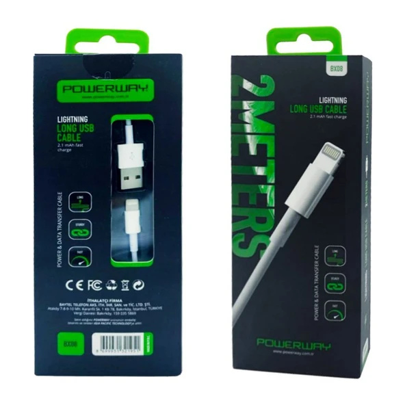 Powerway BX08 iPhone 2100 mA Hızlı 2 Metre Şarj Data Kablosu ürün görseli 1