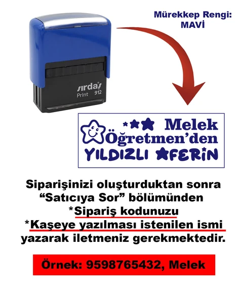 Öğretmen Kaşesi - Yıldızlı Aferin, 912 (51mmX19mm) Mavi Keçeli Otomatik Kaşe ürün görseli 1
