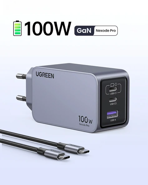 UGREEN Nexode Pro 100W GaN Hızlı Şarj Cihazı USB-C QC PD 2xUSB-C, 1xUSB-A, Uzay Grisi, 25874 ürün görseli 1