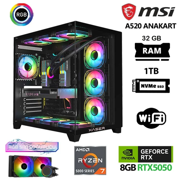 Xaser Delux X07 Ryzen 7 5700X 32GB Ram 1TB M.2 NVMe SSD 8GB RTX5050 Sıvı Soğutmalı Oyuncu Tavsiye Sistem ürün görseli 1
