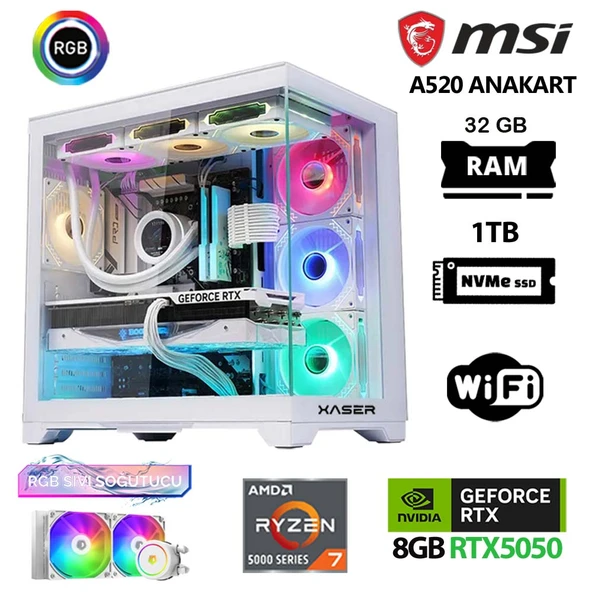 Xaser Delux X08 Ryzen 7 5700X 32GB Ram 1TB M.2 NVMe SSD 8GB RTX5050 Sıvı Soğutmalı Oyuncu Tavsiye Sistem ürün görseli 1