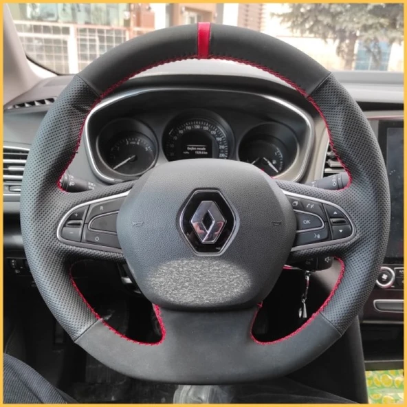Megane 4 Araca Özel Direksiyon Kılıfı (Noktalı Nubuk Kırmızı Yüzüklü) ürün görseli 1