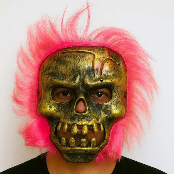 Wild Skull - Bakır Kafatası Pembe Saçlı İskelet Maske ürün görseli 1