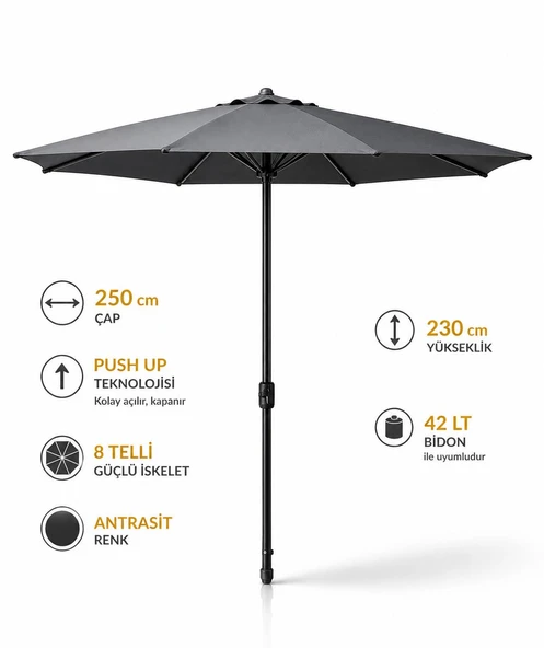 Yuvarlak Güneş Şemsiyesi Alubrella Antrasit Renk 250 CM Çap Bidonsuz ürün görseli 1