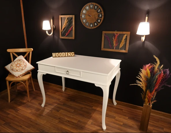 Wooding Mobilya 110 Cm Çekmeceli Masif Beyaz Çalışma Masası ürün görseli 1