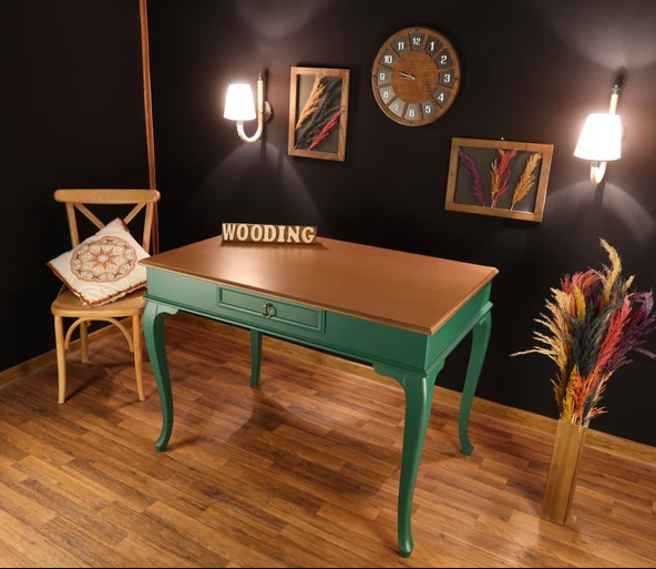 Wooding Mobilya 110 Cm Çekmeceli Masif Yeşil Natürel Çalışma Masası ürün görseli 1